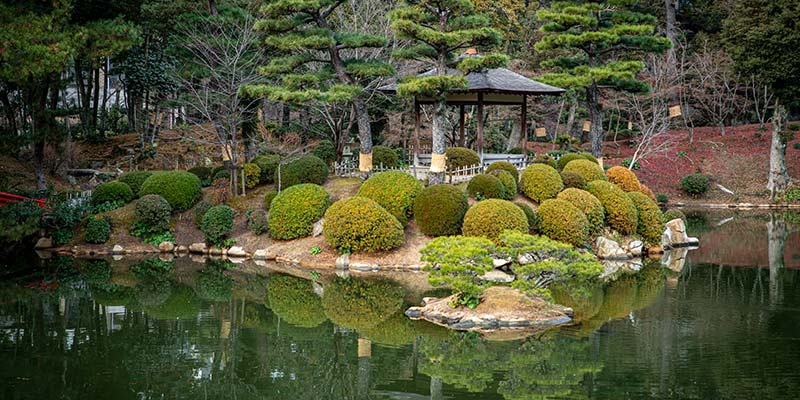 A gazebo on a small hill covered with shrubbery