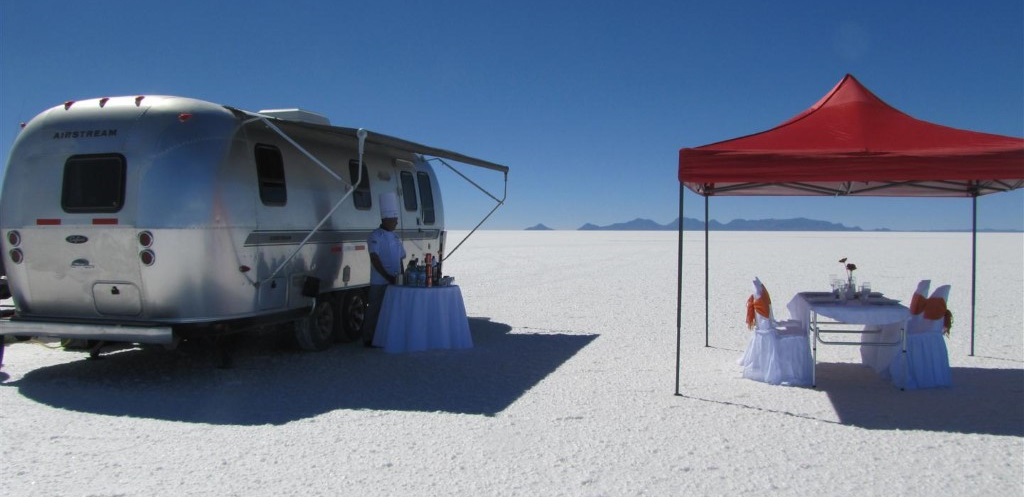 Airstream trailer in Bolivia in salt flats