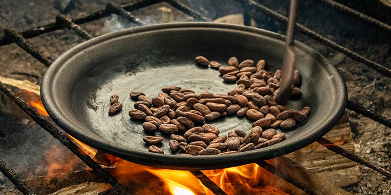 Cocoa beans roasting in pan over a fire