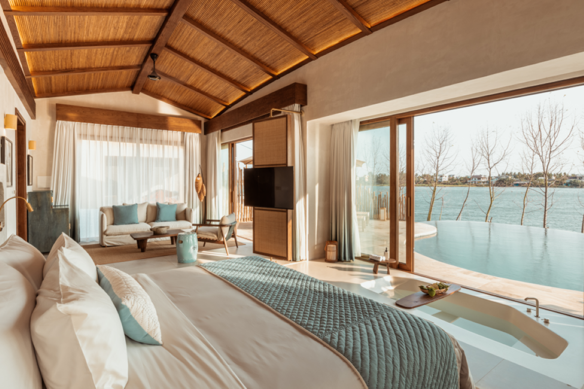 Interior room of Namia River retreat in Vietnam