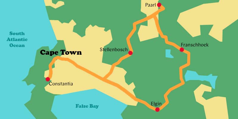 A graphic of a map with the Winelands Tour outlined