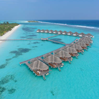 Aerial view of the water villas in Kanuhura, Maldives