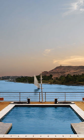 Sun deck with pool aboard the Oberoi Zahra Luxury Nile Cruiser