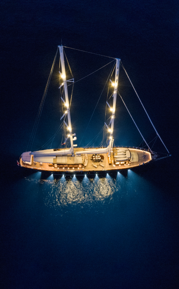 Satori yacht at night in the Mediterranean 