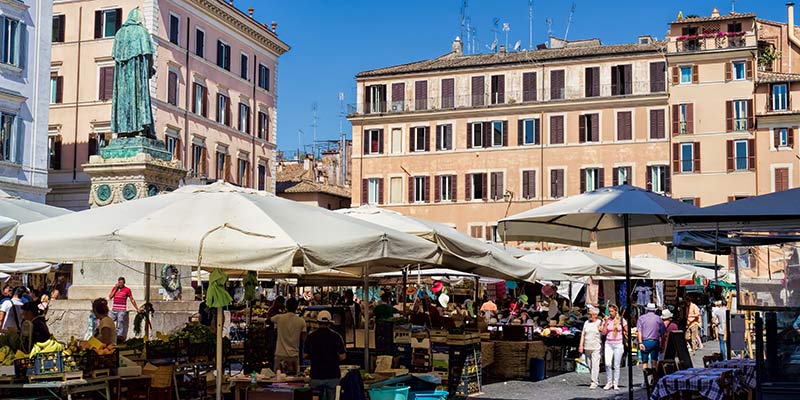 The Campo de Fiori market on a sunny busy day