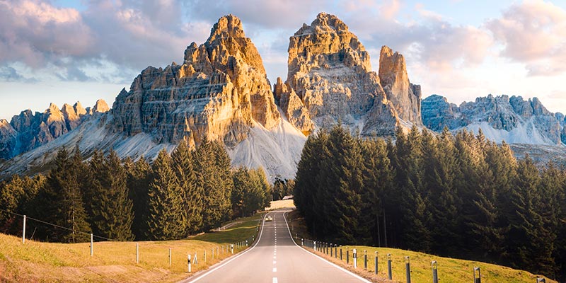 A road leading up to the Dolomites