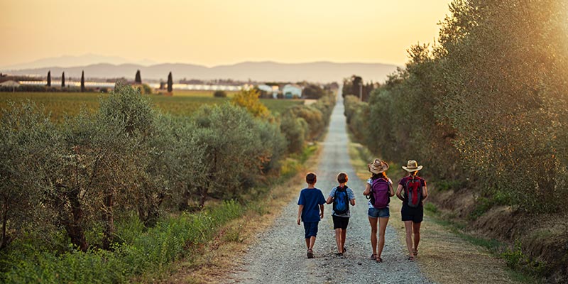 A family walking along a country road