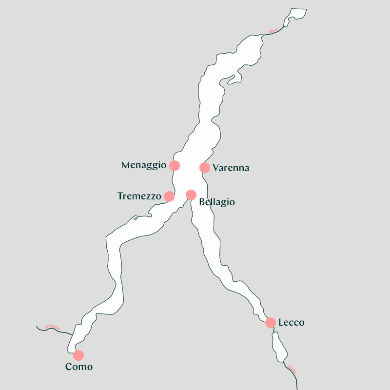 A map showing the villages and resorts around Lake Como