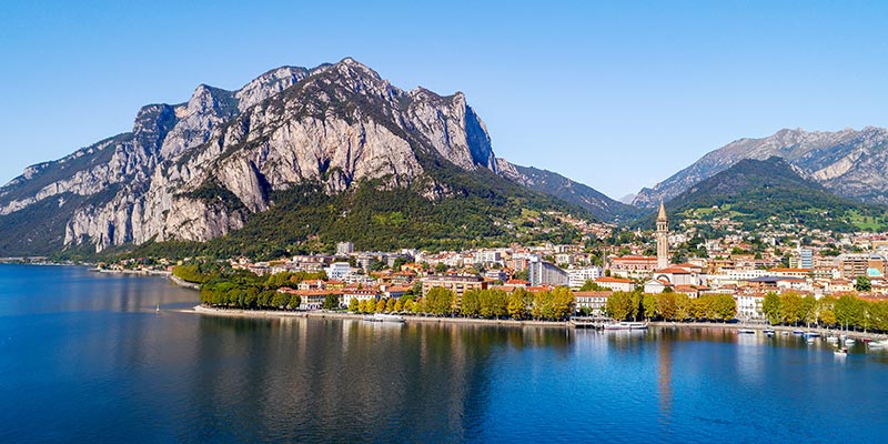 Lecco on Lake Como with a valley in the background