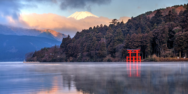 A torii gate in front of Mt Fuji