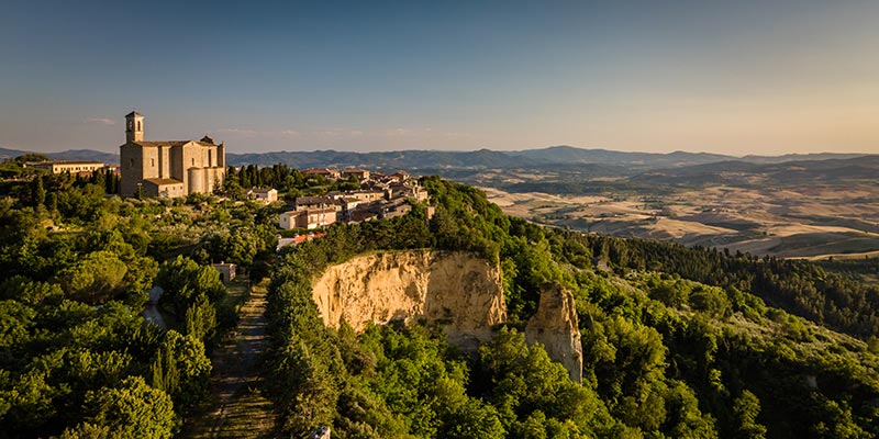 A wide landscape view of Volterra and the surrounding countryside
