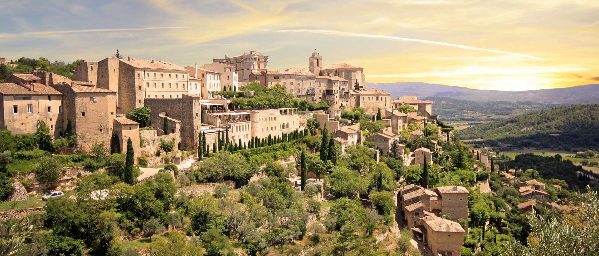 Aerial view city of Provence during sunset
