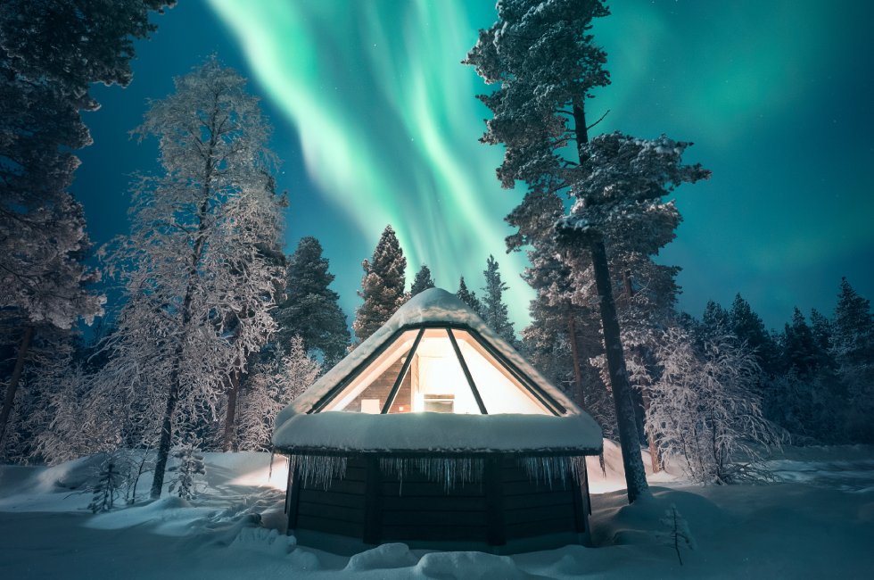 Northern Lights over the Aurora Village in Finnish Lapland