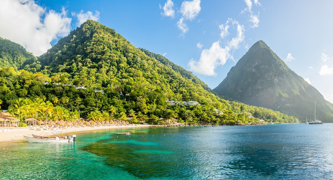View of Sugar beach with mountains in the background