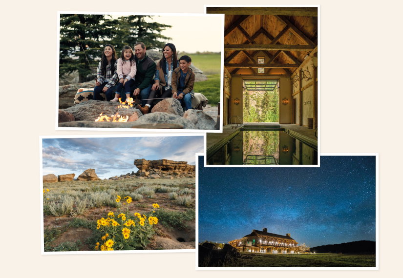S’mores around the fire at Brush Creek Ranch; The Bath House at Taylor Ridge Lodge, Colorado; Castle Rock near Vermejo Park Ranch, New Mexico (Photo: Sean Fitzgerald); The Lodge at Brush Creek Ranch