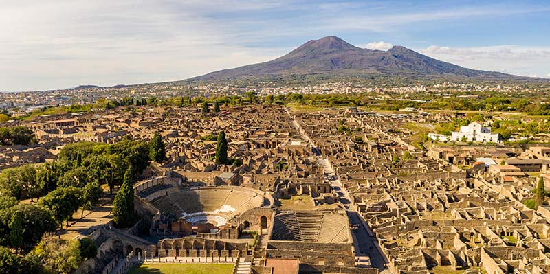 Birdseye view of Pompeii and Vesuvius