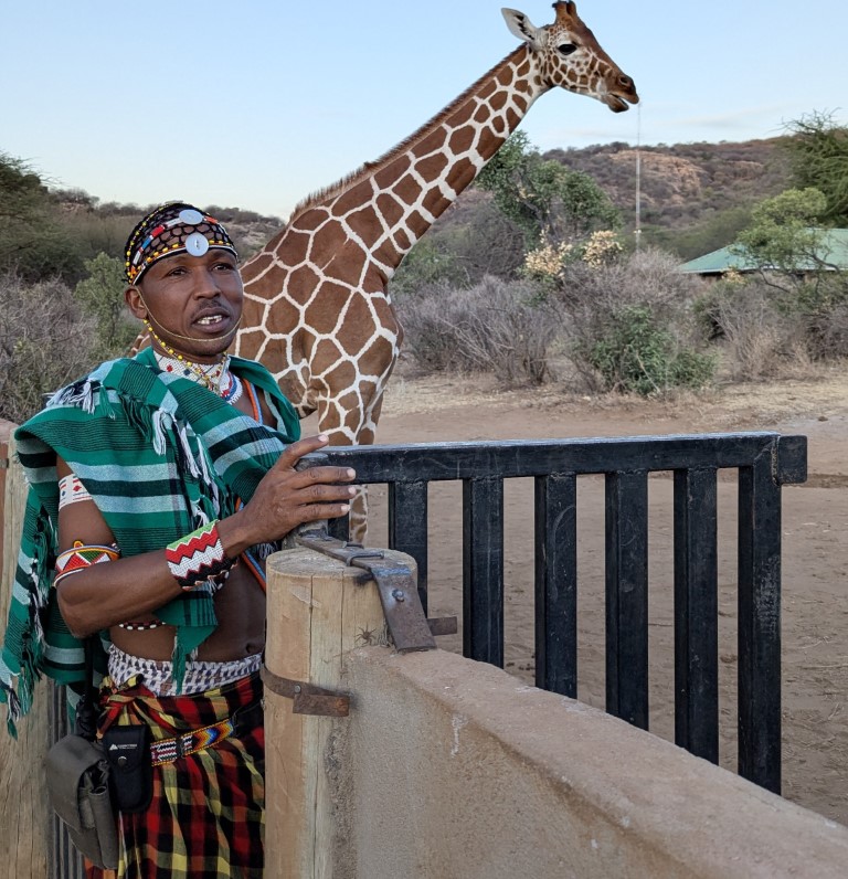 The wonderful lodge manager, Mr T and a resident giraffe at Reteti 