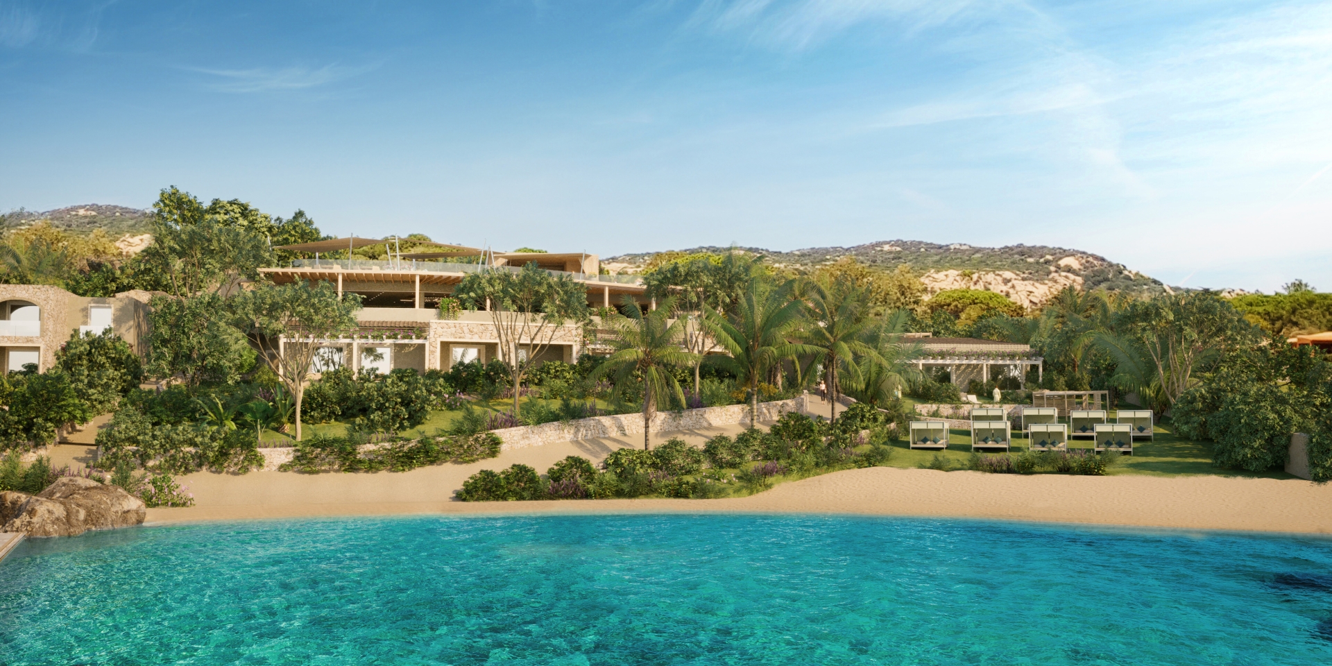 Exterior view of the 7Pines Resort in Sardinia, Italy
