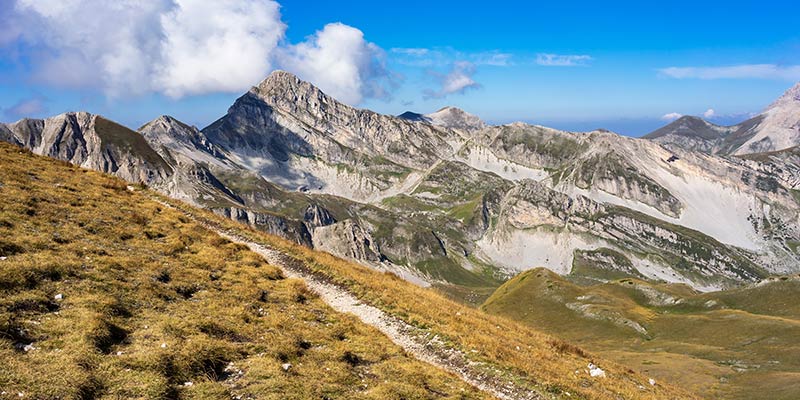 A hiking trail going up a mountain range