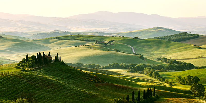 A birds eye view over Tuscany’s rolling hills