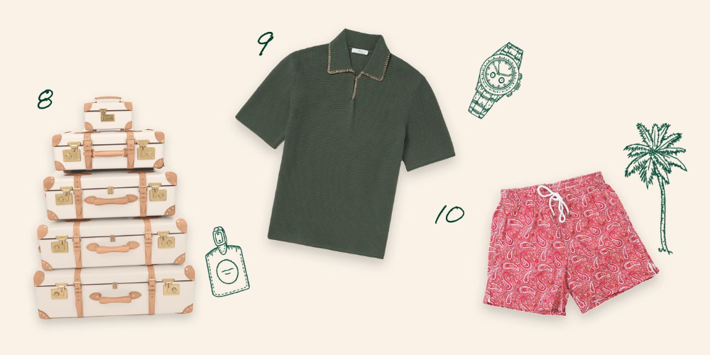 A graphic that contains a luggage set, a polo, and swim trunks