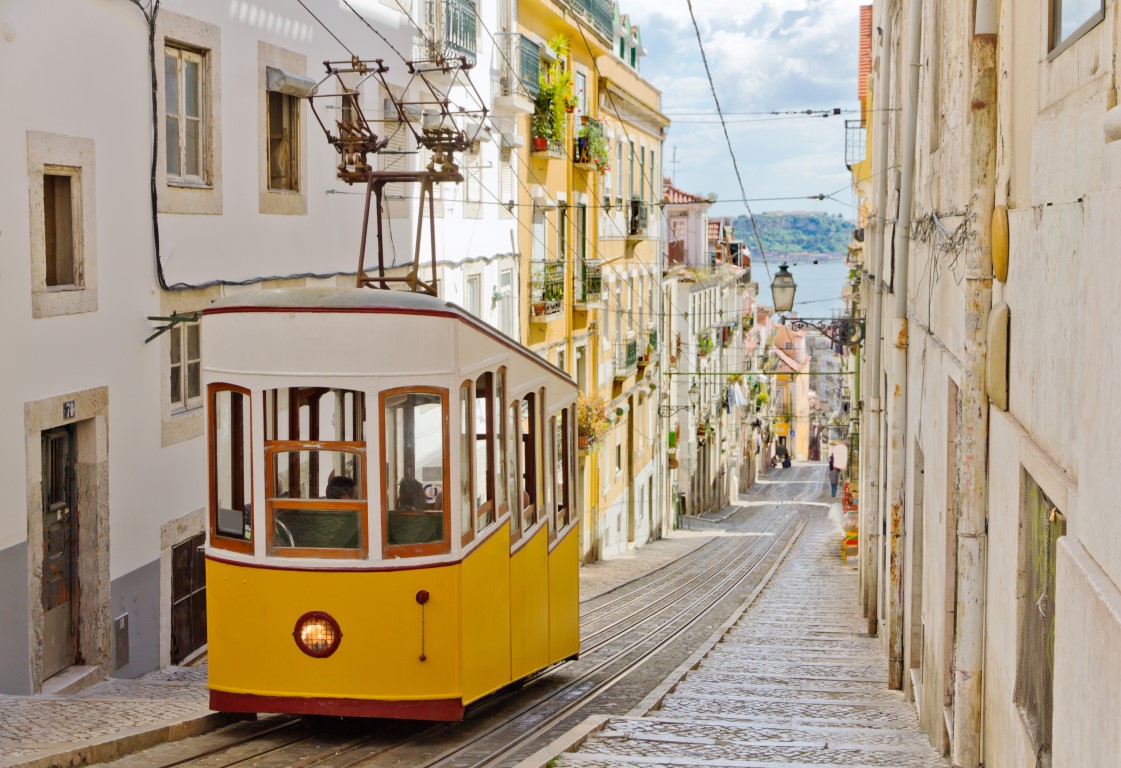 Iconic yellow tram in Lisbon