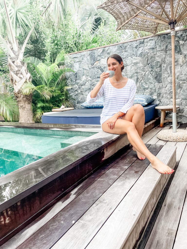 Jordi, Scott Dunn Copywriter, sitting near the pool at Eden Rock in St. Barths