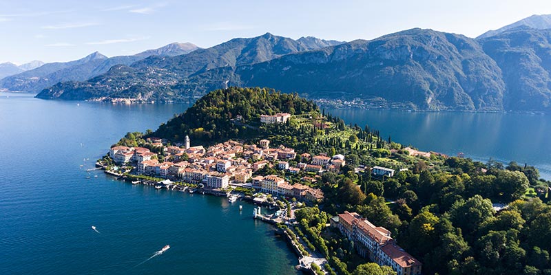 A village surrounded by Lake Como on three sides