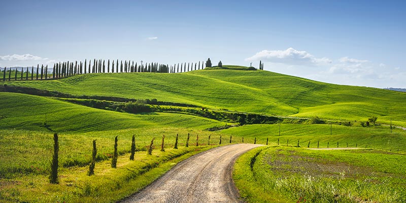 The Via Francigena hiking trail with hills around it