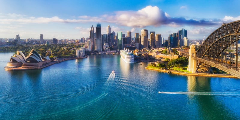 View of Sydney Harbour, Sydney Opera House and Sydney Harbour Bridge, New South Wales, Australia