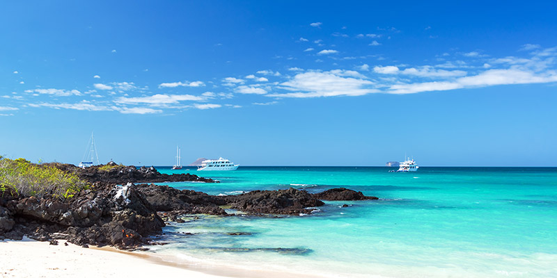Tortuga Bay’s shoreline with boats in the ocean