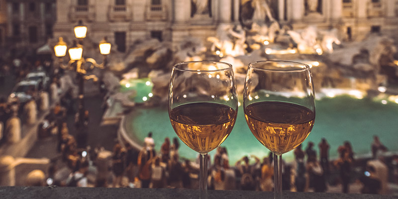 Two glasses of wine in front of the Trevi Fountain