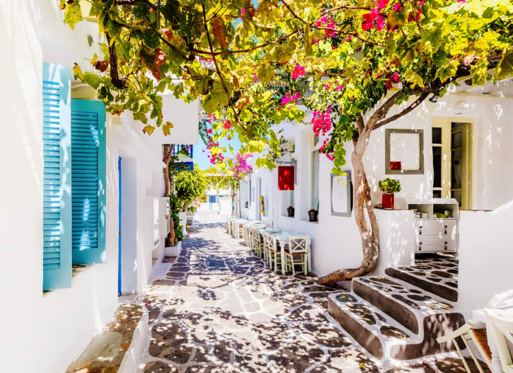 Sunny street in Paros, Greece