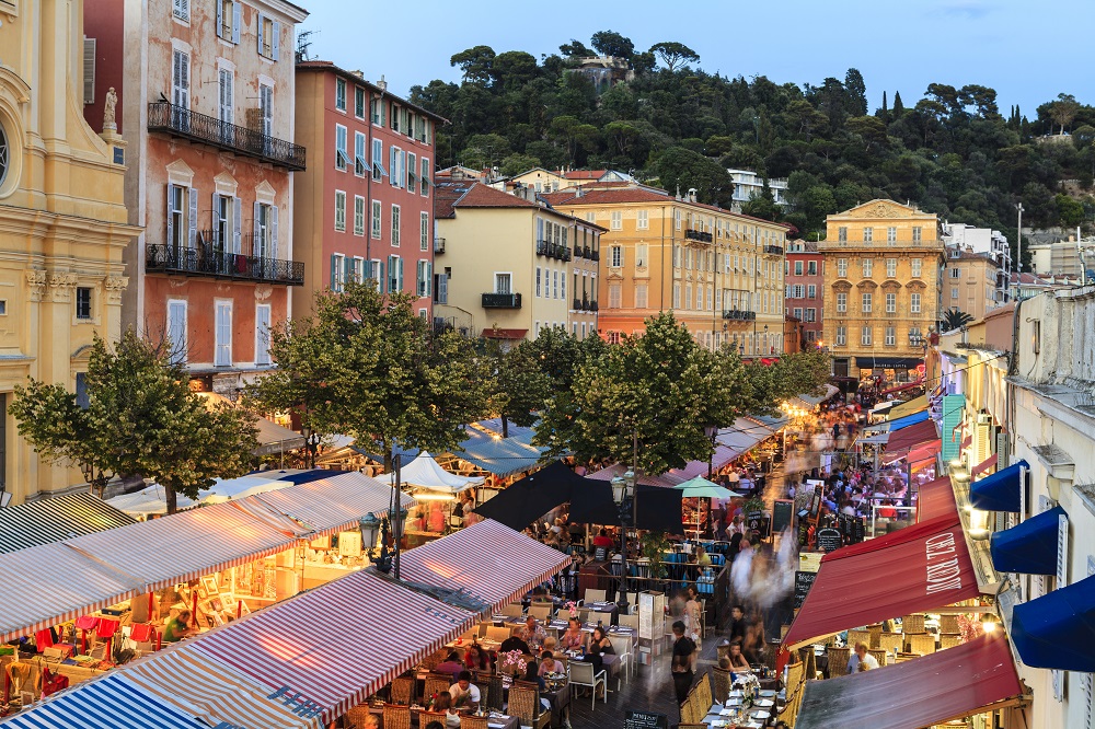 Outdoor market and restaurants in Nice france