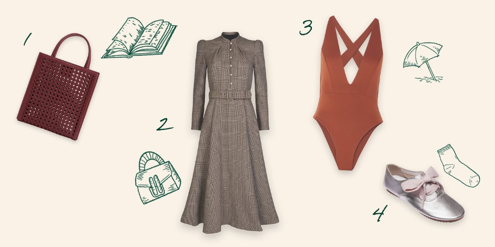 A graphic that has a purse, a dress, a swimsuit, and a shoe