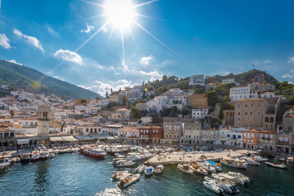 yacht lined harbor in Spetses
